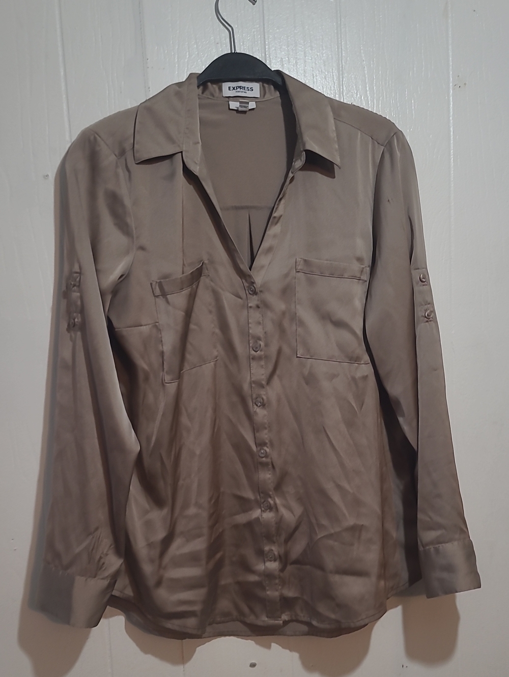 Express Shirt Womens Large Tan Portofino Top Button Front Roll Tab Long Sleeve